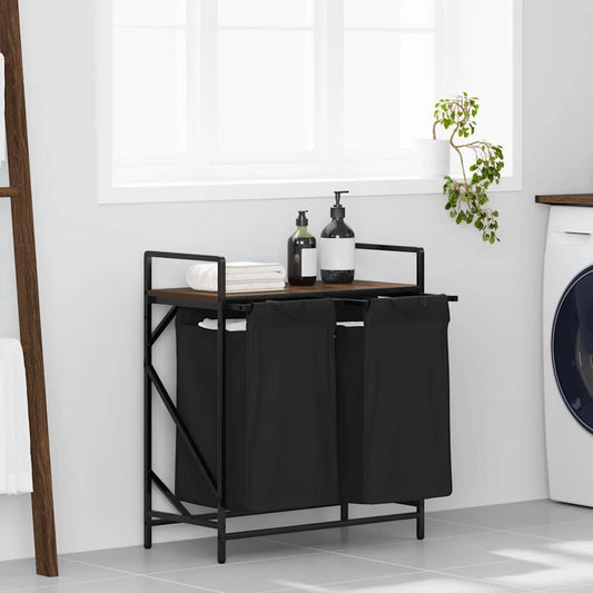 Panier à linge 2 compartiments avec étagère aspect chêne marron