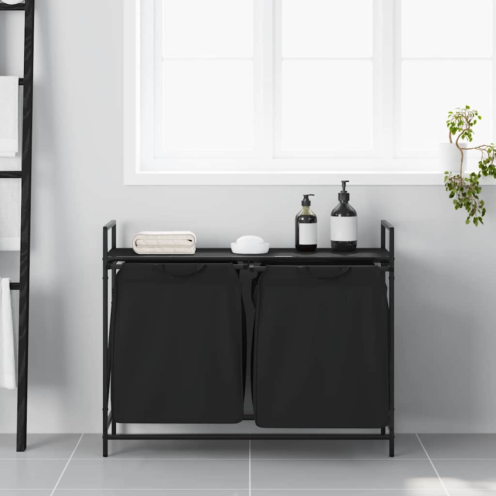 Panier à linge 2 compartiments avec étagère aspect chêne noir