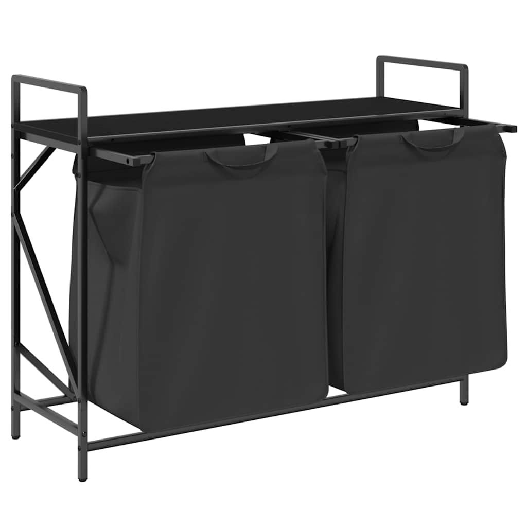 Panier à linge 2 compartiments avec étagère aspect chêne noir