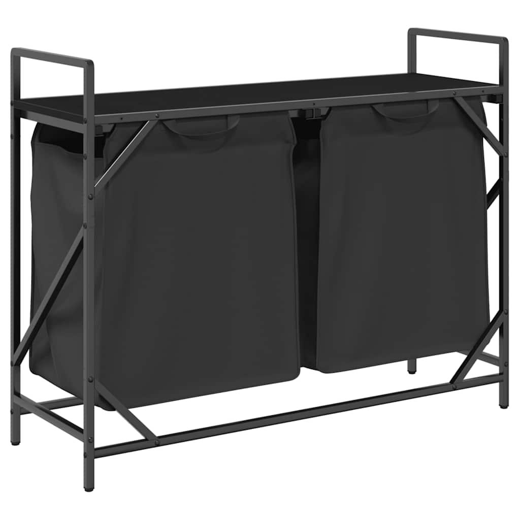 Panier à linge 2 compartiments avec étagère aspect chêne noir