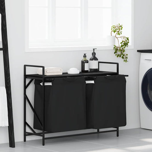 Panier à linge 2 compartiments avec étagère aspect chêne noir