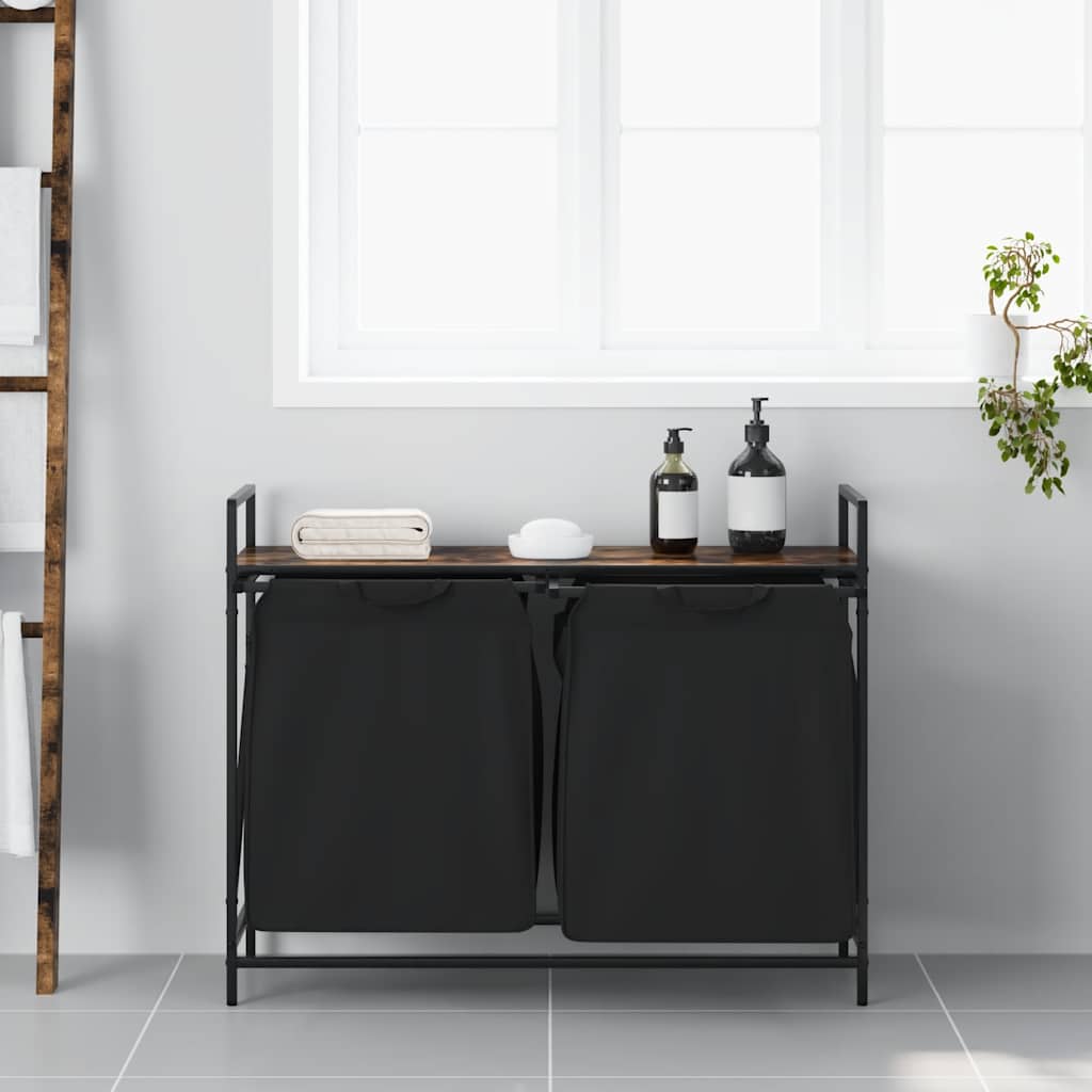 Panier à linge 2 compartiments avec étagère en chêne fumé