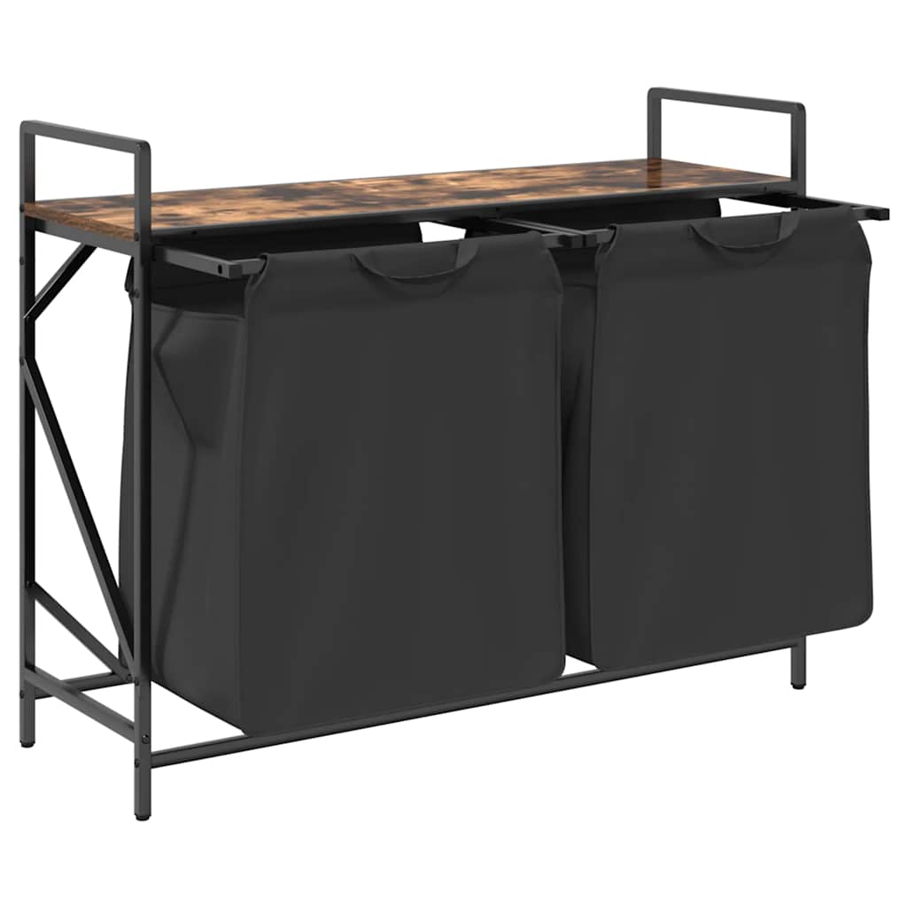 Panier à linge 2 compartiments avec étagère en chêne fumé