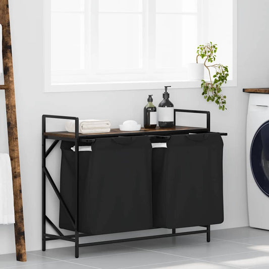 Panier à linge 2 compartiments avec étagère en chêne fumé