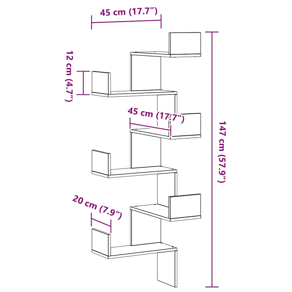 Wand-Eckregal Schwarz Eichen-Optik 45 x 45 x 147 cm