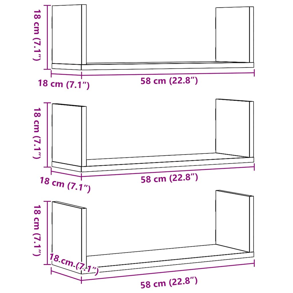 Wall shelves 3 pcs. Black oak look 58x18x18cm wood material