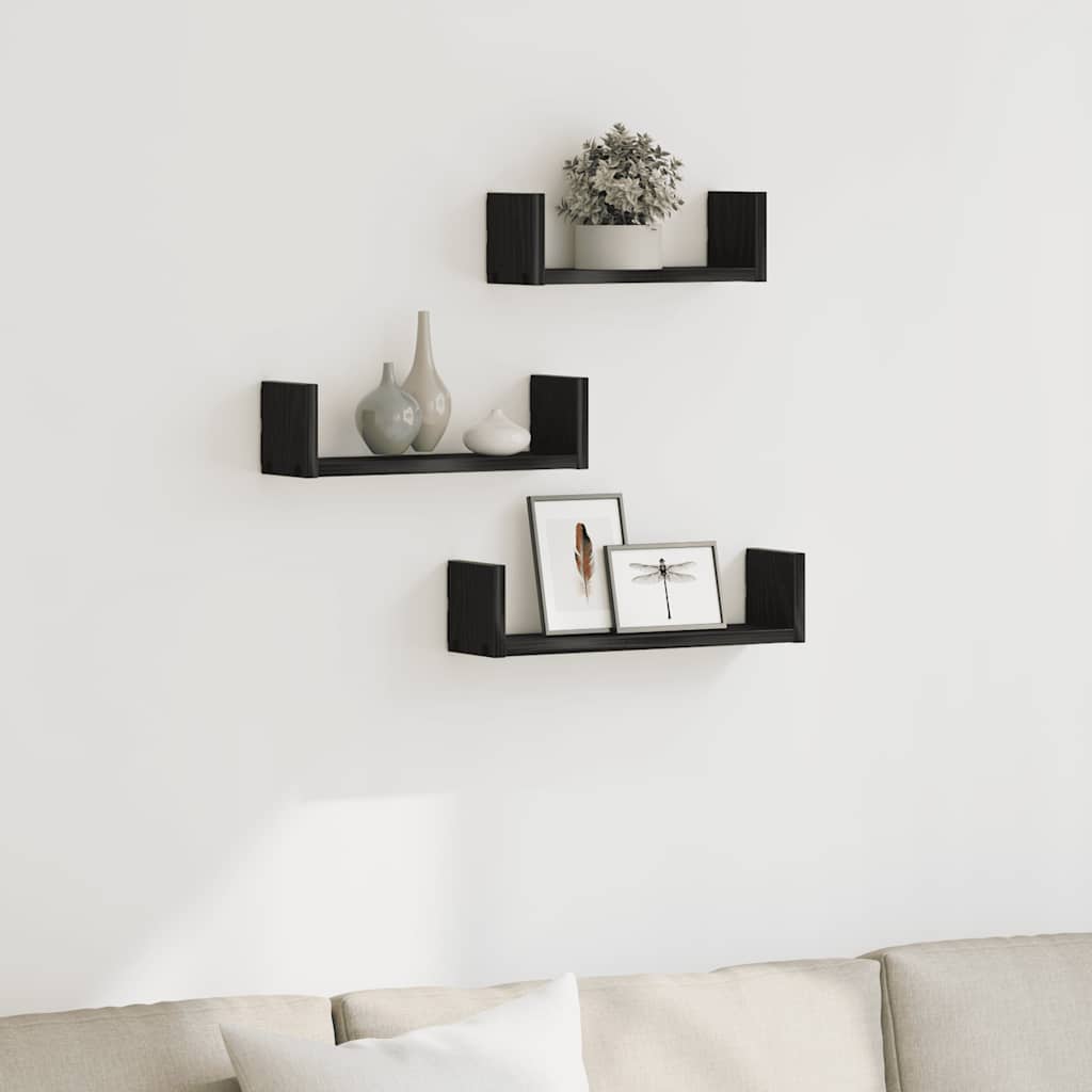 Wall shelves 3 pcs. Black oak look wood material