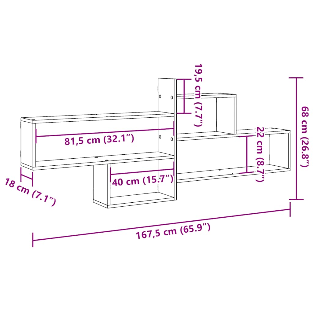 Wall shelf black oak look 167.5x18x68 cm wood material