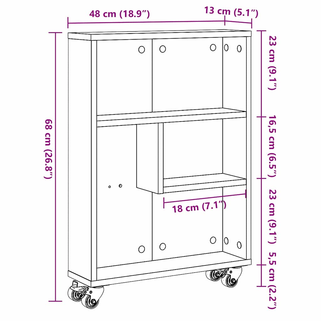 Schmaler Aufbewahrungswagen 3 Ebenen 48 x 13 x 68 cm