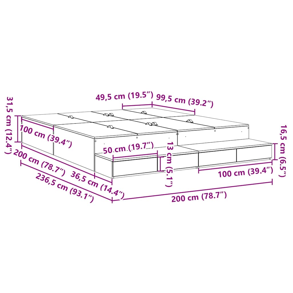 Bett mit Stauraum Schwarz Eichen-Optik 236.5 x 200 x 31.5 cm