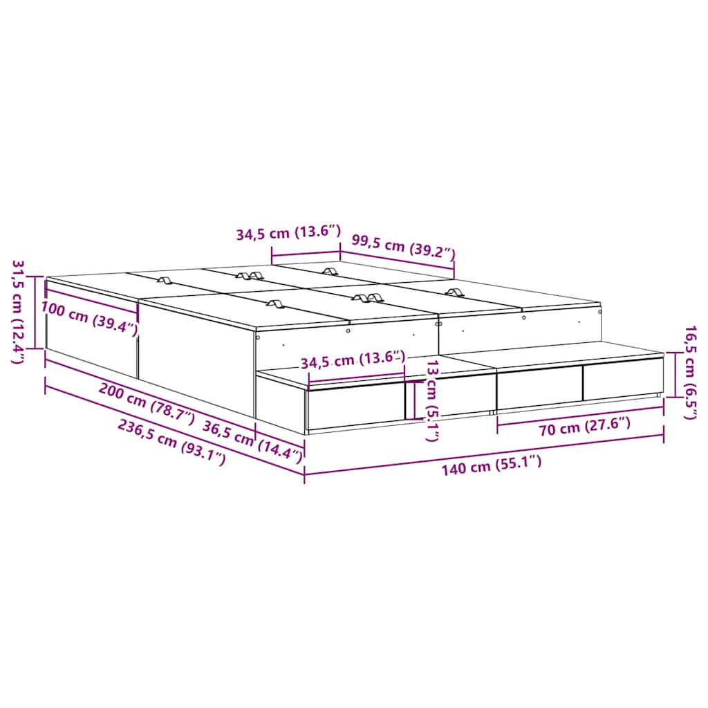 Bett mit Stauraum mit Speicher Beton Grau 236.5 x 140 x 31.5 cm