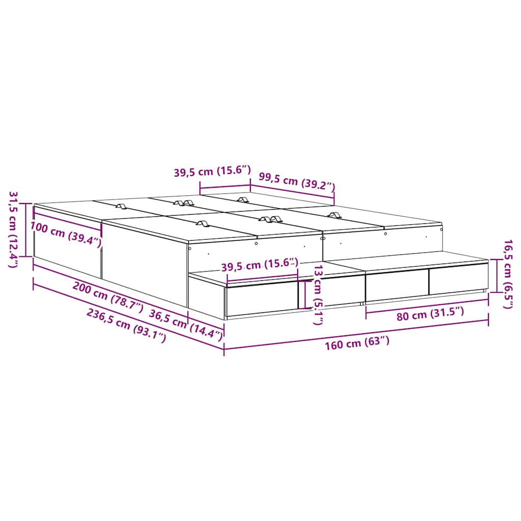 Bett mit Stauraum mit Speicher Beton Grau 236,5 x 160 x 31,5 cm