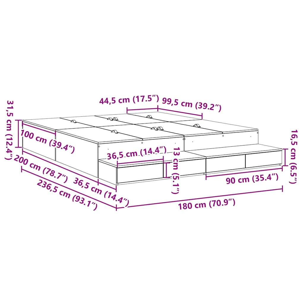 Bett mit Stauraum mit Speicher Beton Grau 236.5 x 180 x 31.5 cm