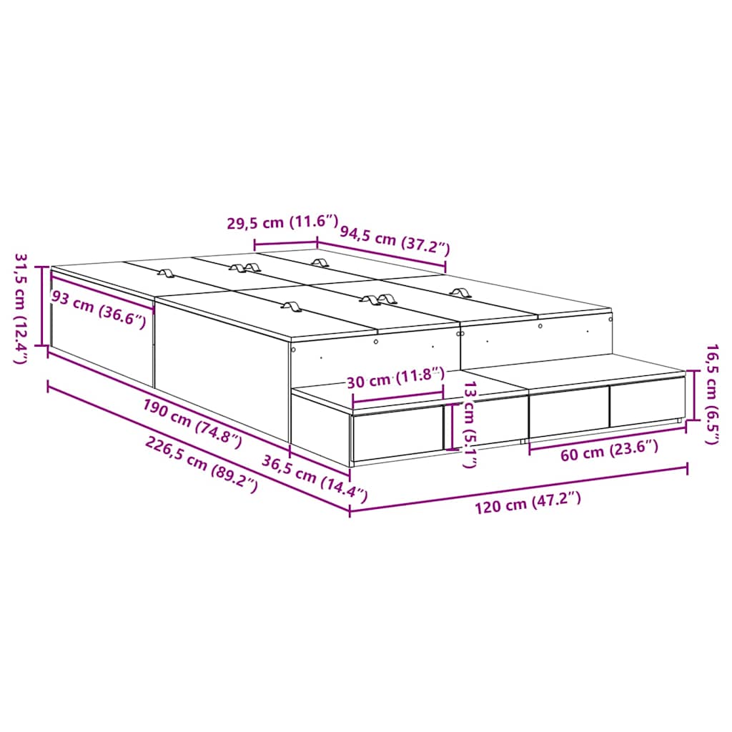 Bett mit Stauraum mit Speicher Beton Grau 226.5 x 120 x 31.5 cm