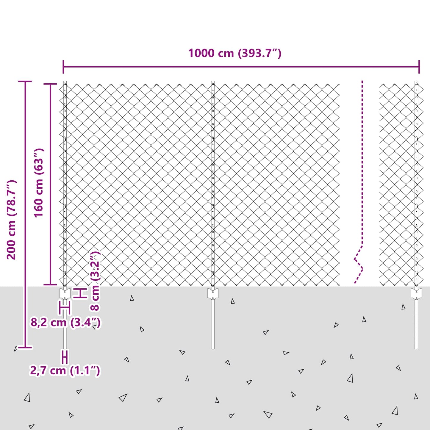 Maschendrahtzaun mit Pfosten 10 x 1,6 m PVC-beschichteter Stahl
