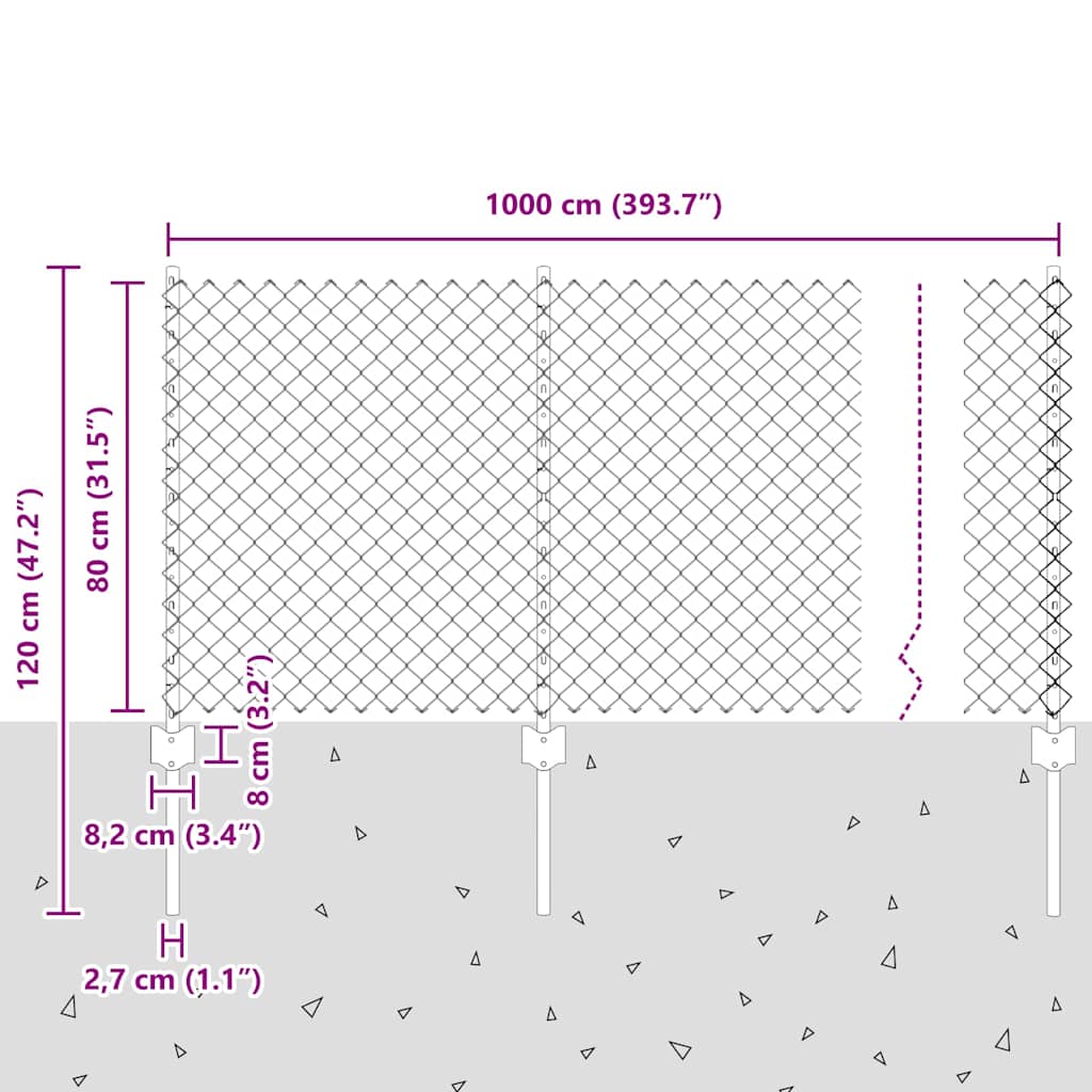 Kettenzaun mit Pfosten 10 x 0,8 m Feuerverzinkter Stahl Silber