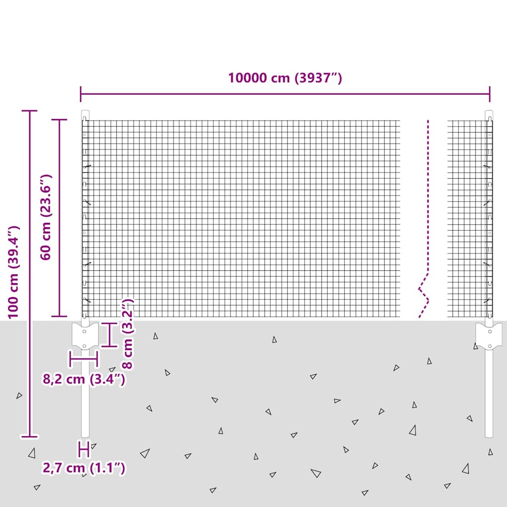 Geschweißter Drahtzaun mit Pfosten 100 x 0,6 m Grau Netz
