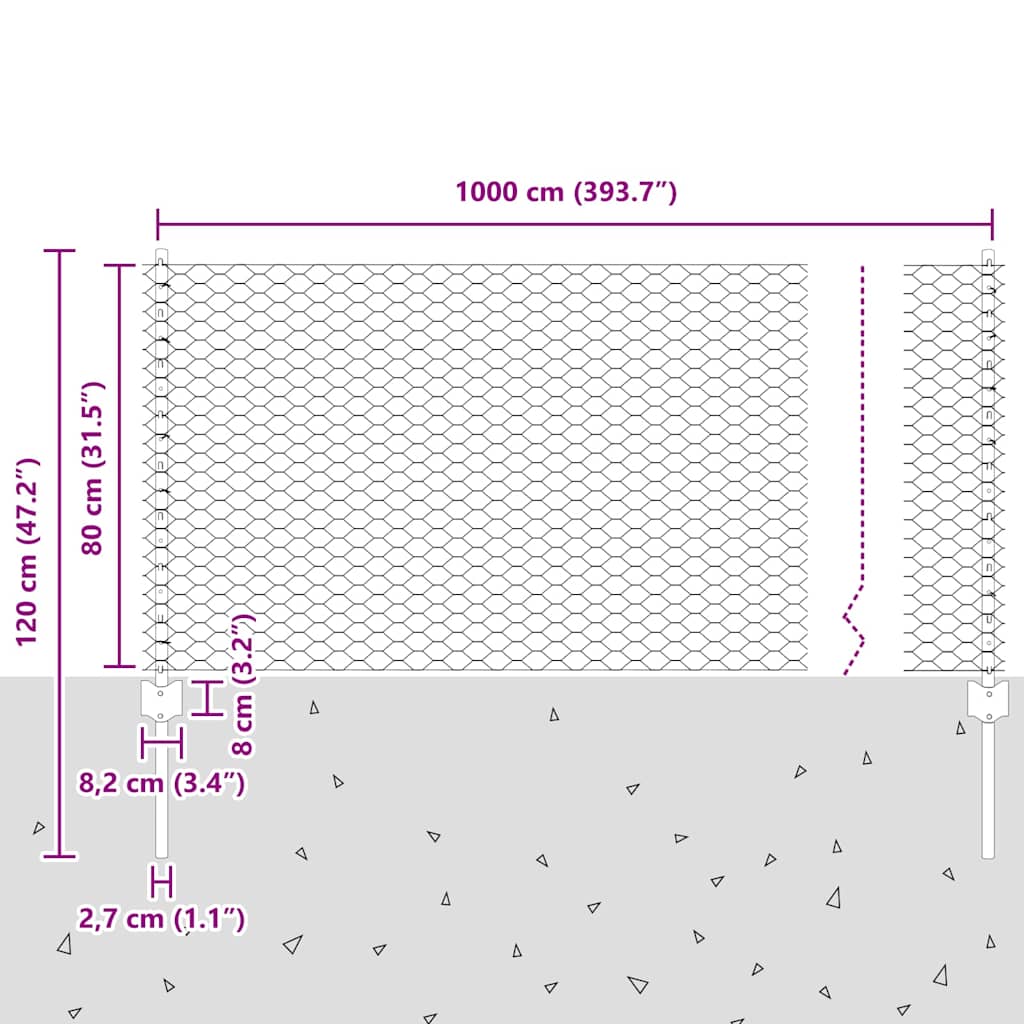 Sechseckzaun mit Pfosten 10 x 0,8 m Verzinkter Stahl Silber