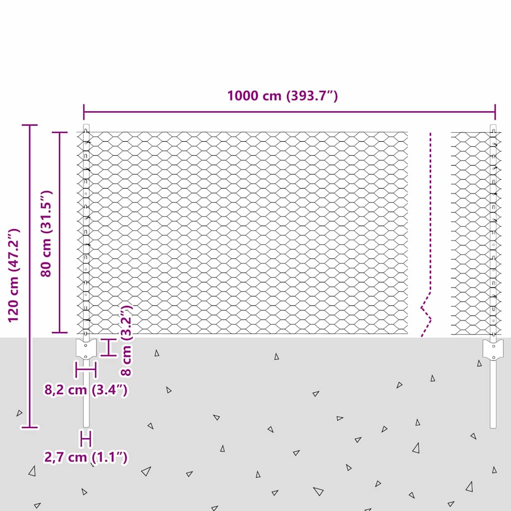 Sechseckzaun mit Pfosten 10 x 0,8 m Verzinkter Stahl Silber