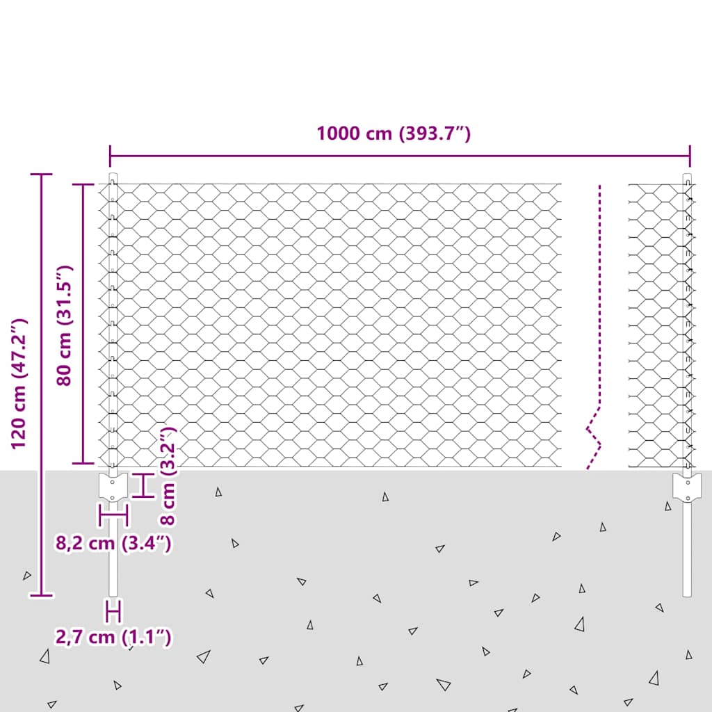 Sechseckzaun mit Pfosten 10 x 0,8 m Verzinkter Stahl Silber