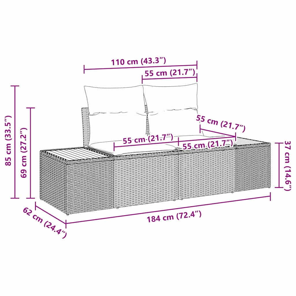 Gartensofa Schwarz 184 x 62 x 85cm Poly-Rattan