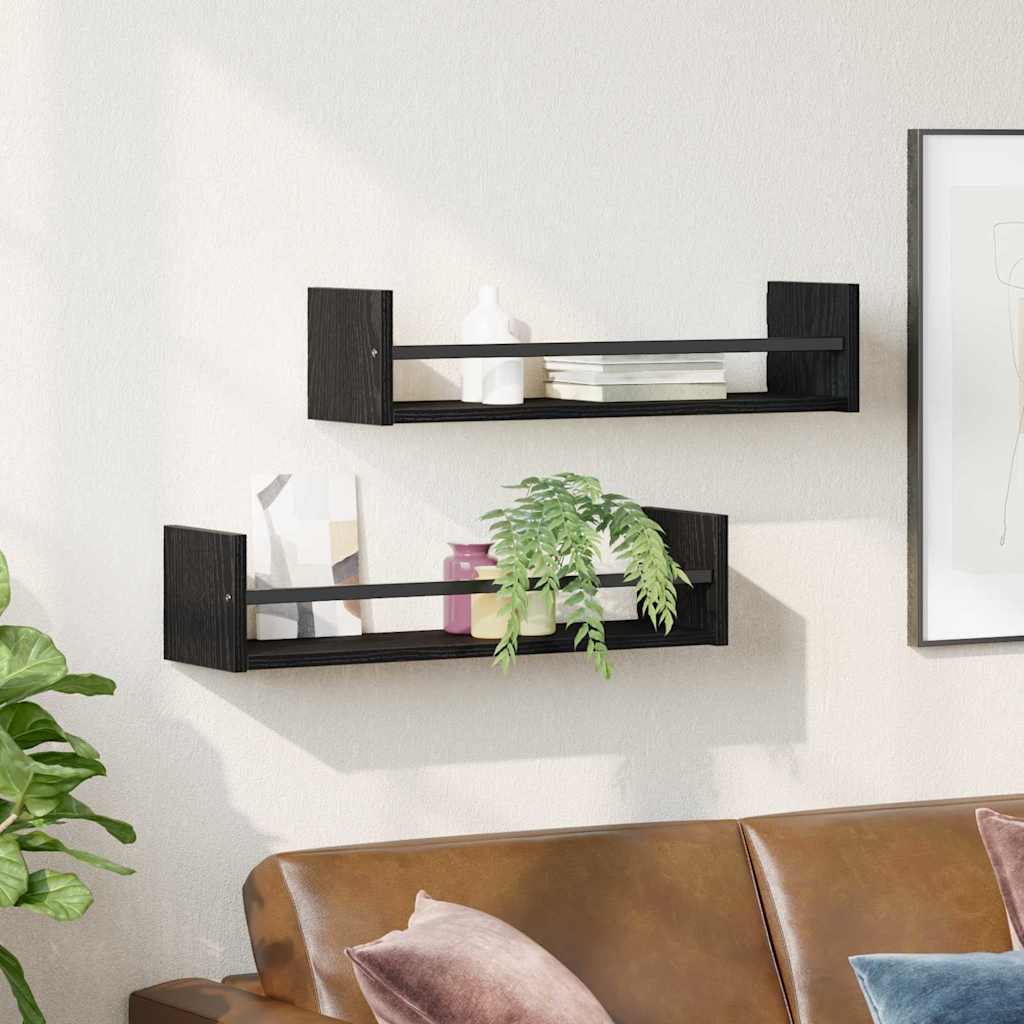 Wandregal mit Regal 2 pcs Schwarz Eichen-Optik 60 x 16 x 14 cm