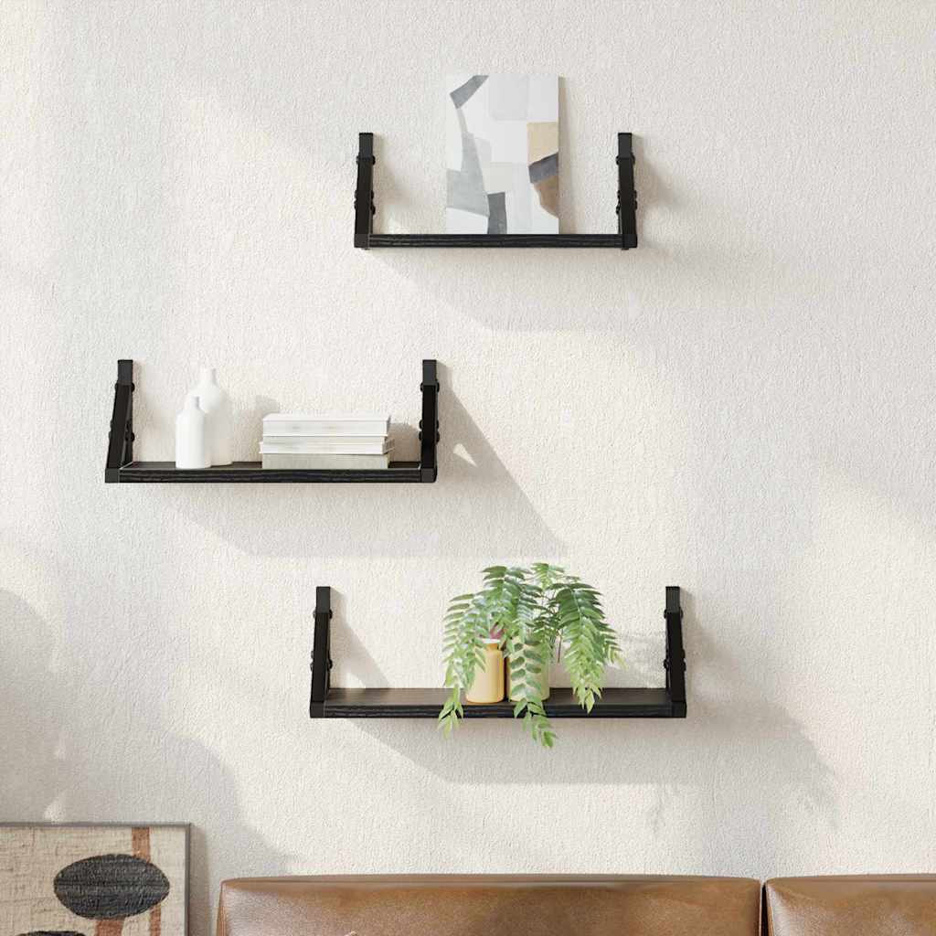 Wandregal-Set 3 pcs Schwarz Eichen-Optik 37 x 12 x 13 cm