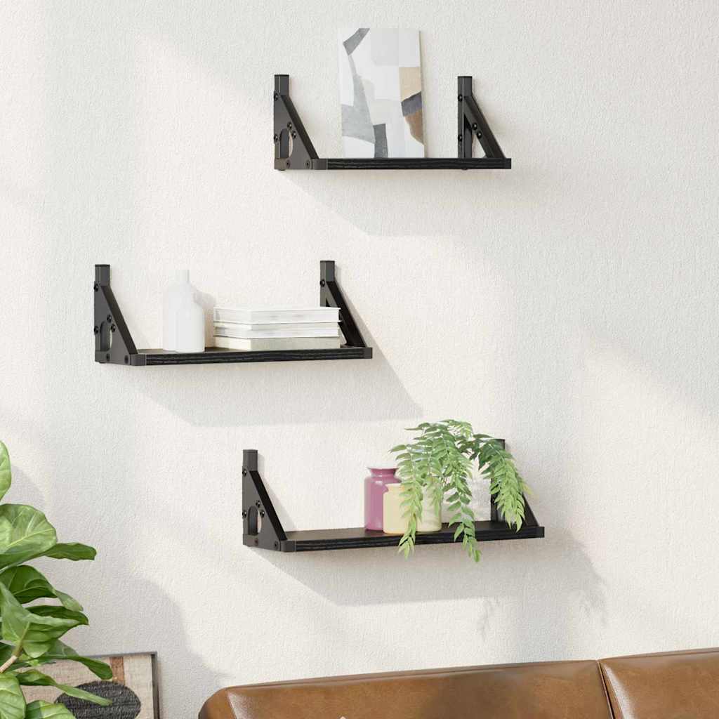 Wandregal-Set 3 pcs Schwarz Eichen-Optik 37 x 12 x 13 cm