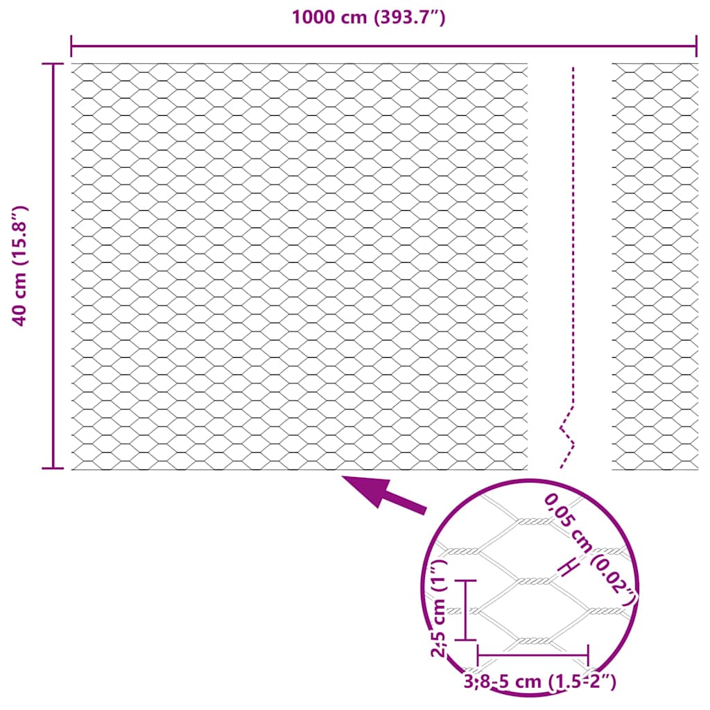 Sechseckgeflechtzaun 0,4 x 10 m Verzinkter Stahl Silber
