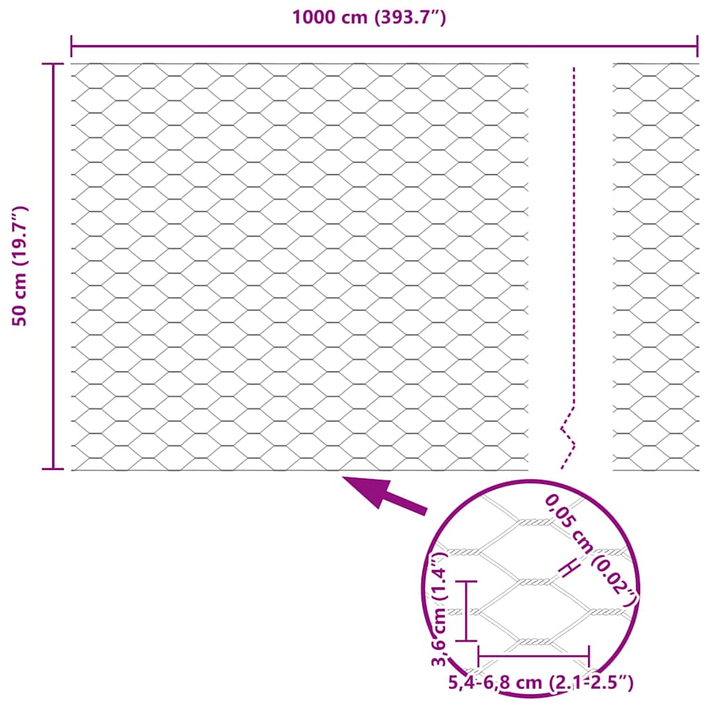 Sechseckgeflechtzaun 0,5 x 10 m Verzinkter Stahl Silber