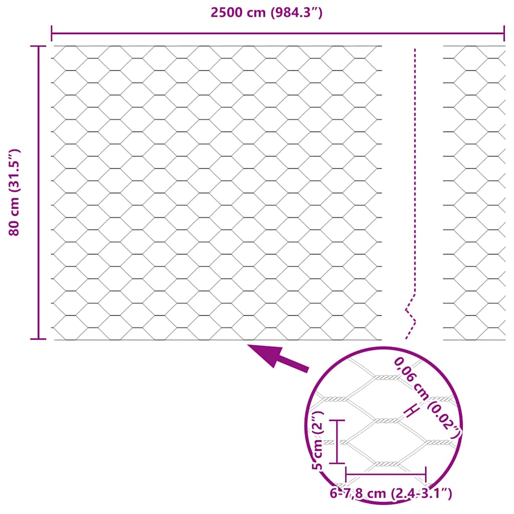 Hexagonzaun Silber 0,8 x 25 m Verzinkter Stahl