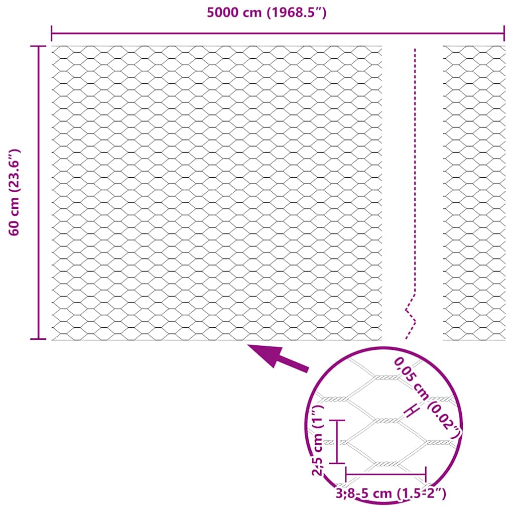 Sechseckgeflechtzaun 0,6 x 50 m Verzinkter Stahl Silber