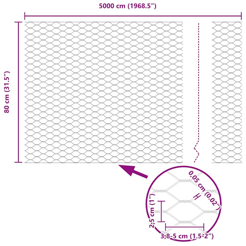 Sechseckgeflechtzaun 0,8 x 50 m Verzinkter Stahl Silber