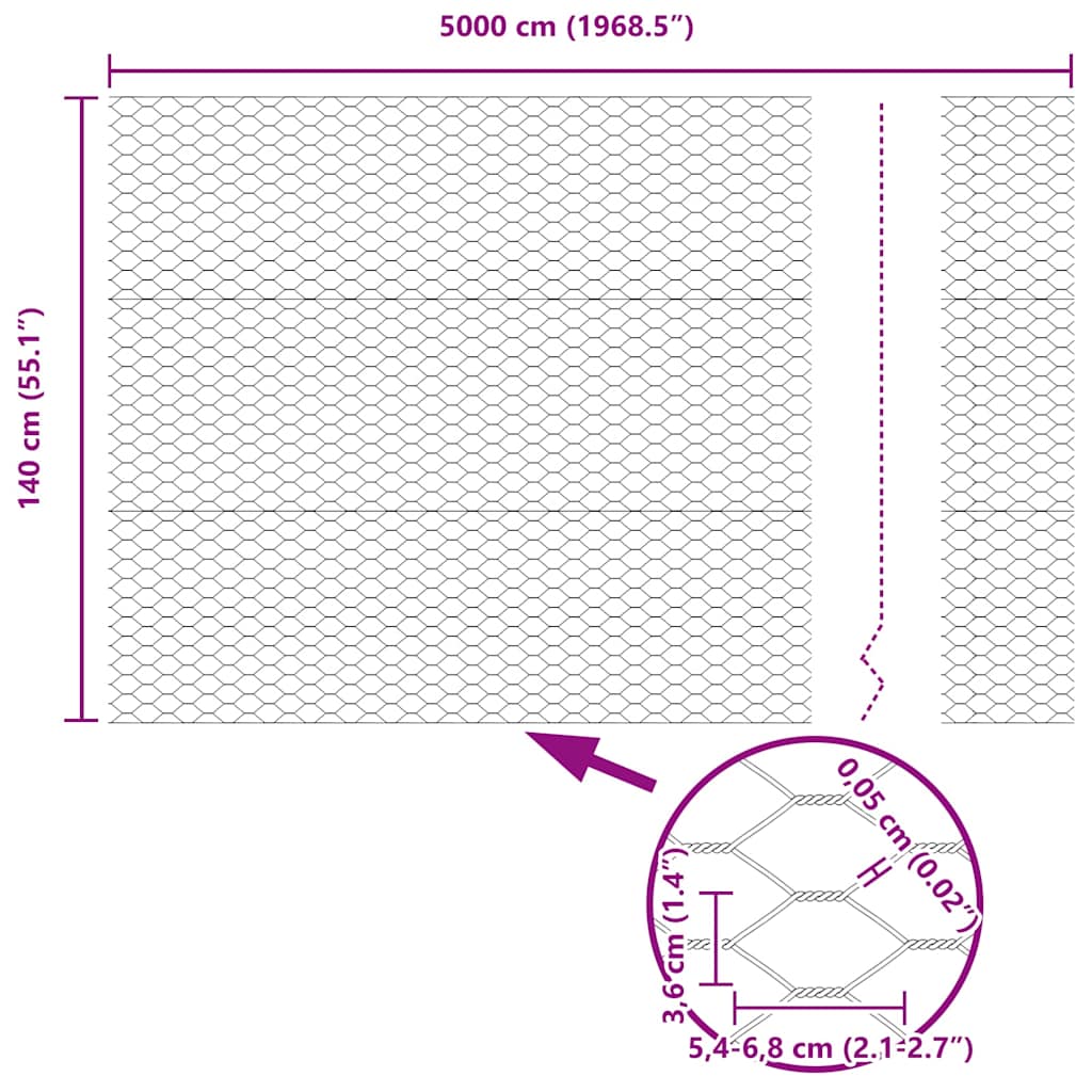 Sechseckgeflechtzaun 1,4 x 50 m Verzinkter Stahl Silber