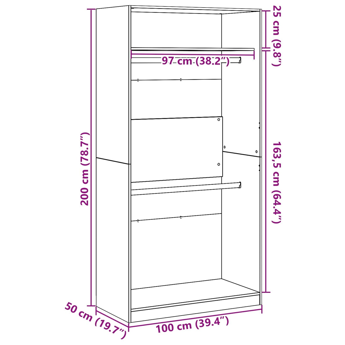 Kleiderschrank mit Regal Schwarz Eichen-Optik 100 x 50 x 200 cm