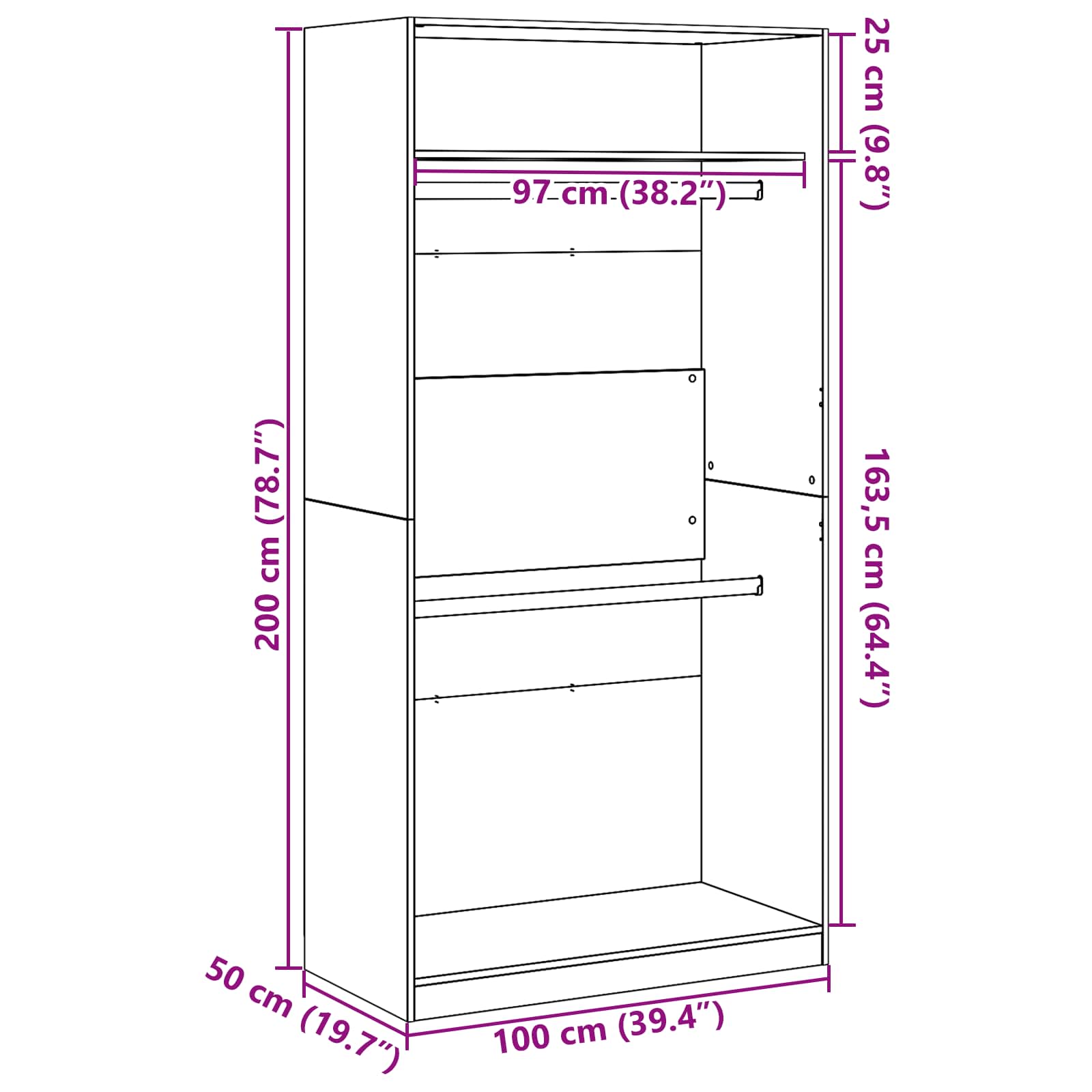 Kleiderschrank mit Regal Schwarz Eichen-Optik 100 x 50 x 200 cm