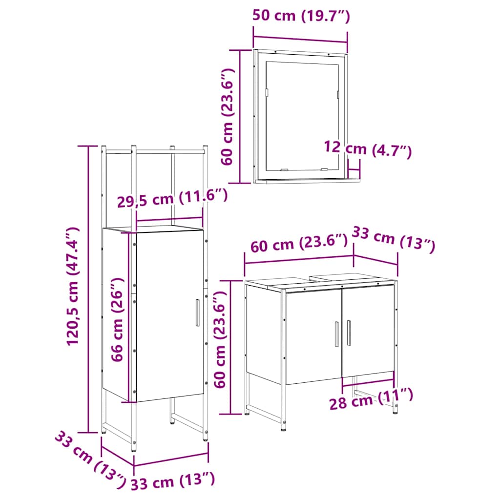 Badezimmermöbel-Set 3 stk. Braun 60 x 33 x 60 cm Holzwerkstoff