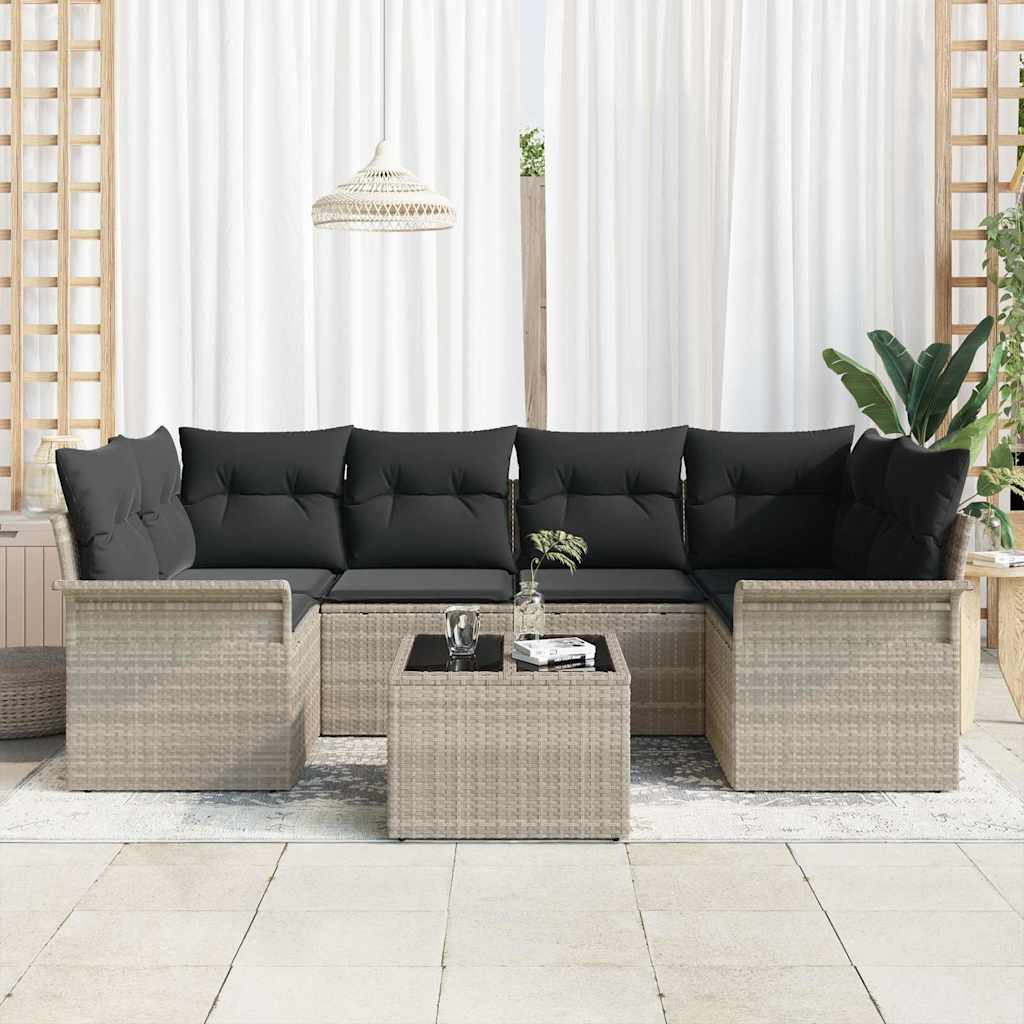 Gartensofa-set mit Kissen 7 pcs Hellgrau Poly-Rattan