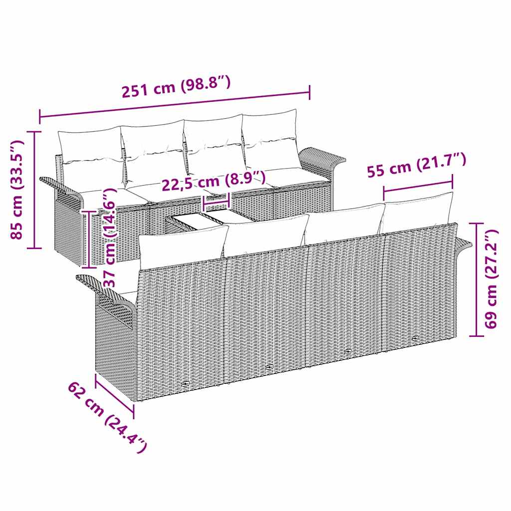 Gartensofa-set 9 stk. Grau Poly-Rattan