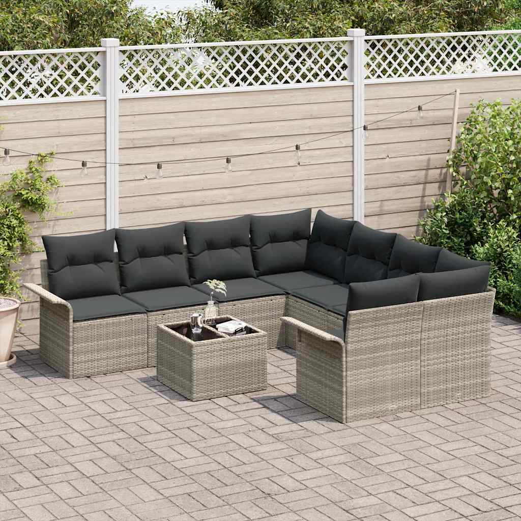 Gartensofa-set mit Kissen 9 pcs Hellgrau Poly-Rattan