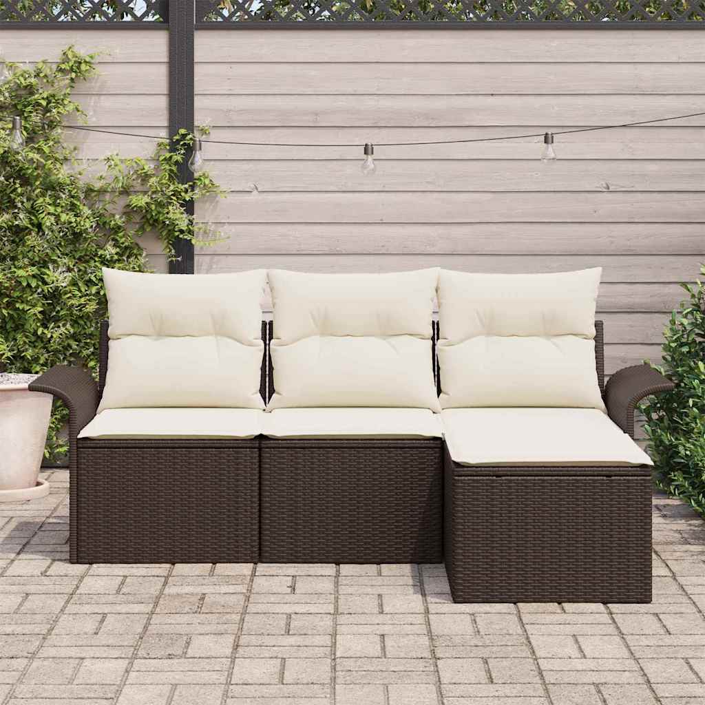 Sofa Set mit Kissen 4 pcs Braun und Creme Poly-Rattan