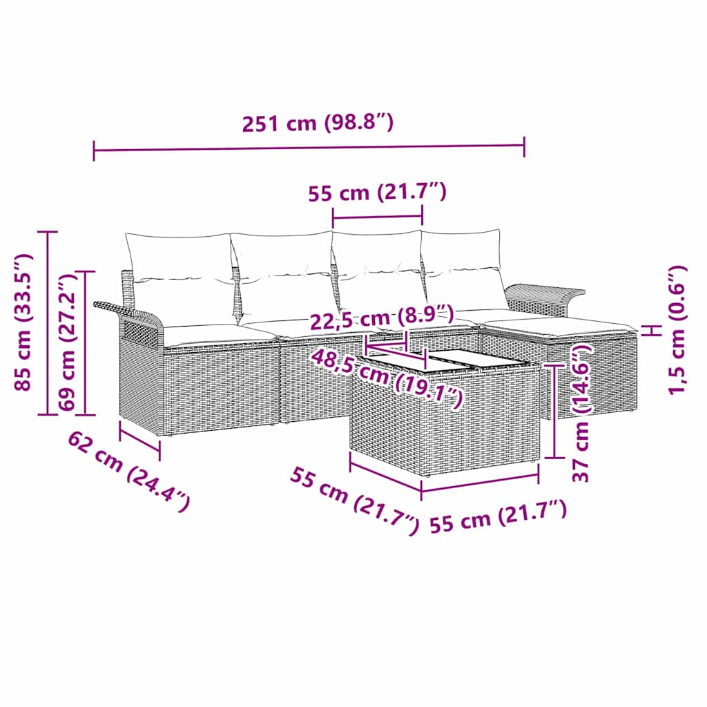 Outdoor-Sofa mit Kissen 6 pcs Grau Poly-Rattan