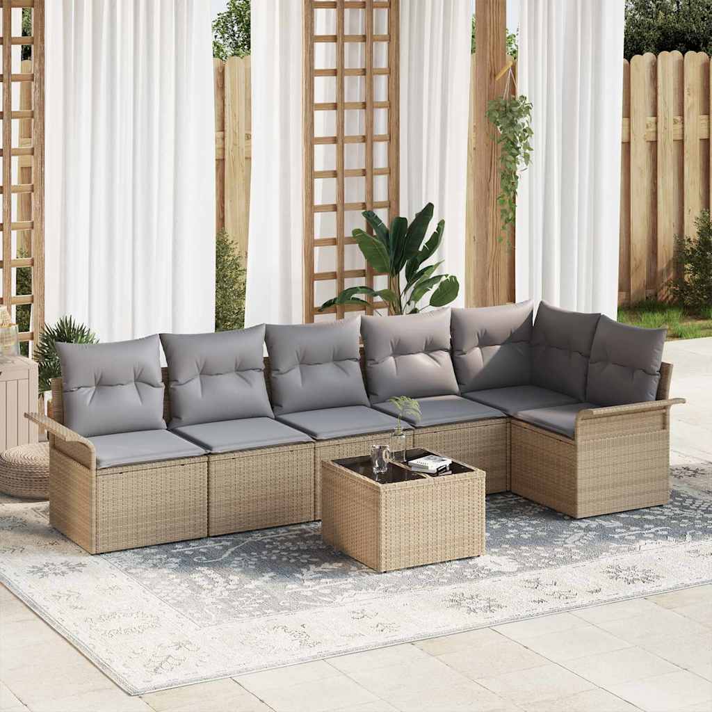 Gartensofa-set mit Kissen 7 pcs Beige Poly-Rattan