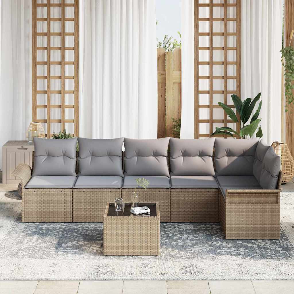 Gartensofa-set mit Kissen 7 pcs Beige Poly-Rattan