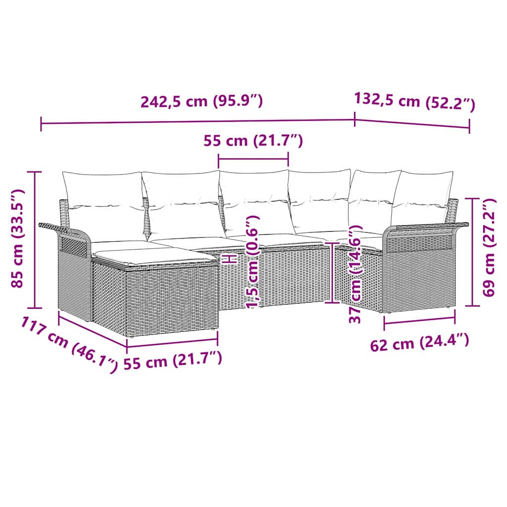 Gartensofa-set 6 stk. Schwarz Poly-Rattan