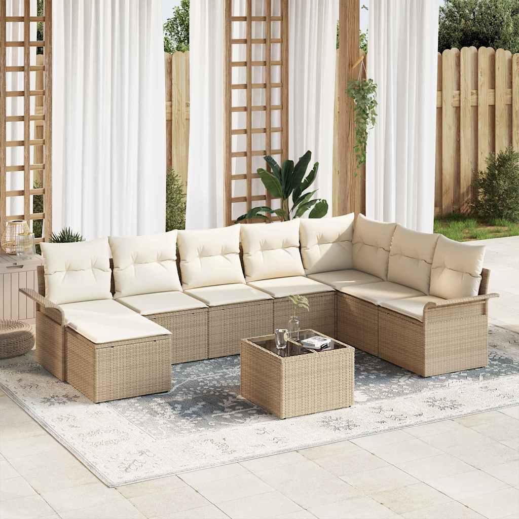Gartensofa-set mit Kissen 9 pcs Beige Poly-Rattan