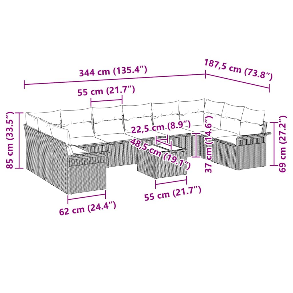 Gartensofa-set 11 stk. Grau Poly-Rattan