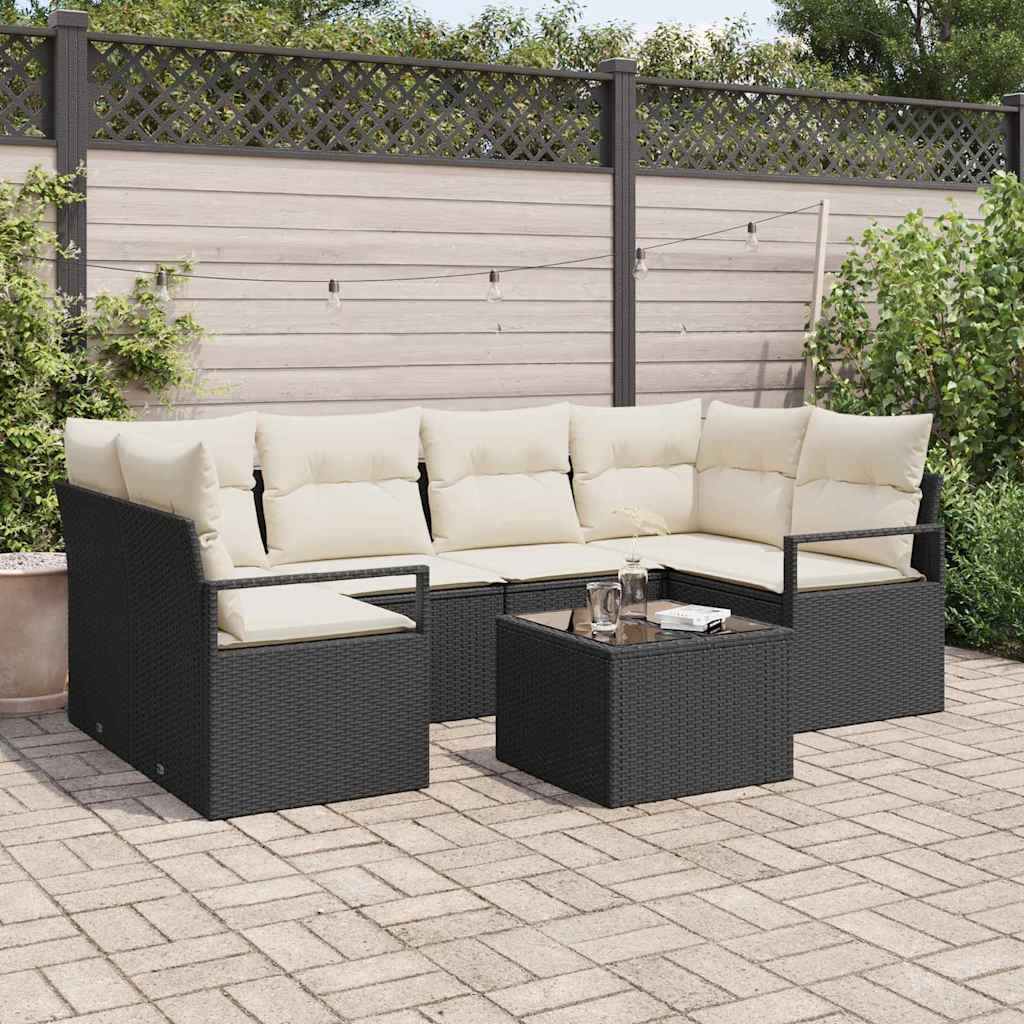 Sofa Set mit Kissen 7 pcs Schwarz und Creme Poly Rattan