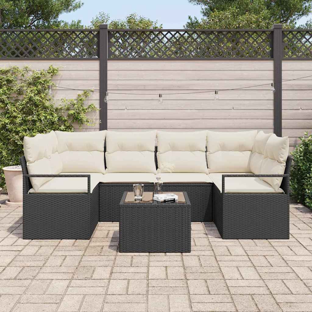 Sofa Set mit Kissen 7 pcs Schwarz und Creme Poly Rattan