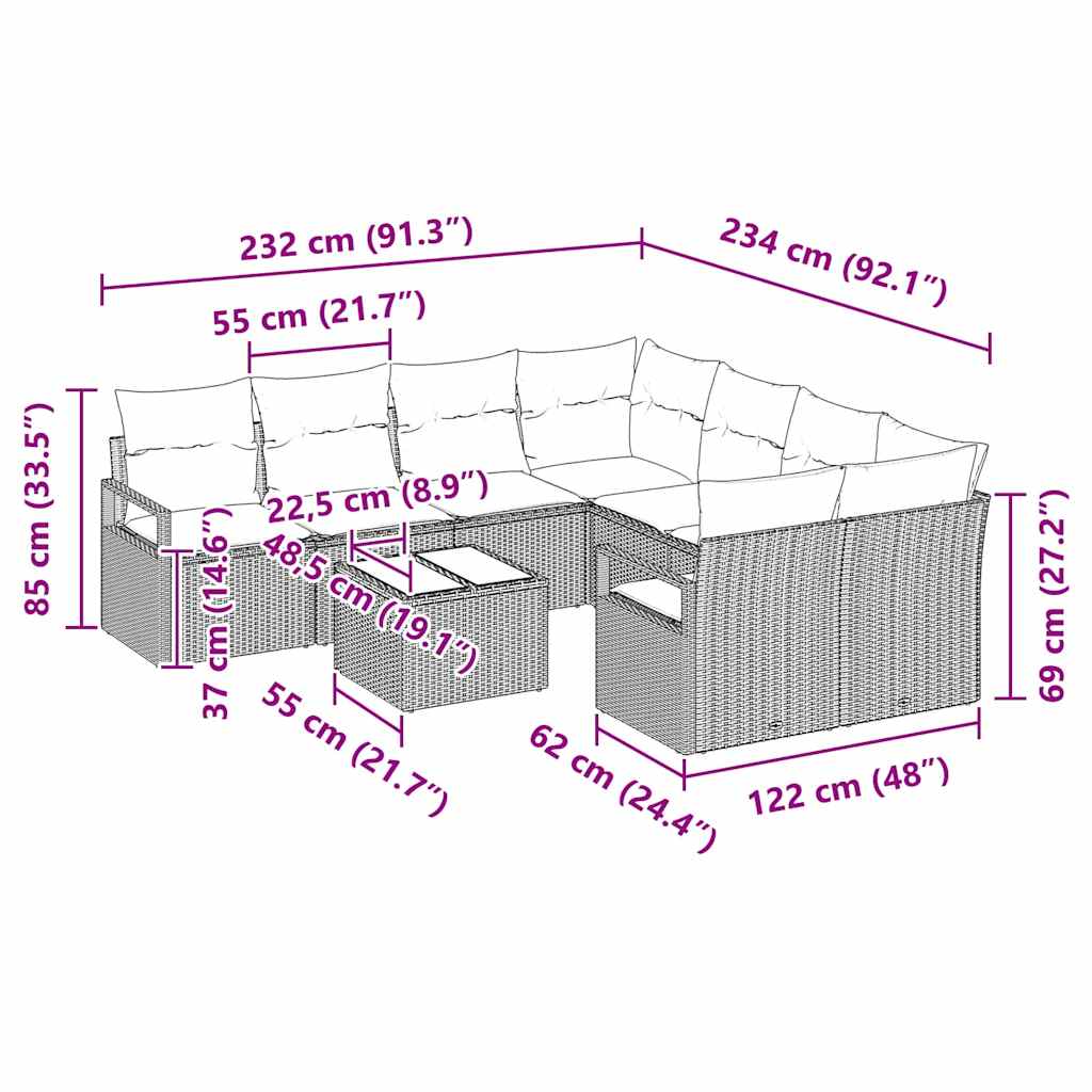 Sofa Set 9 stk. 8-Sitzanzahl Grau Poly Rattan